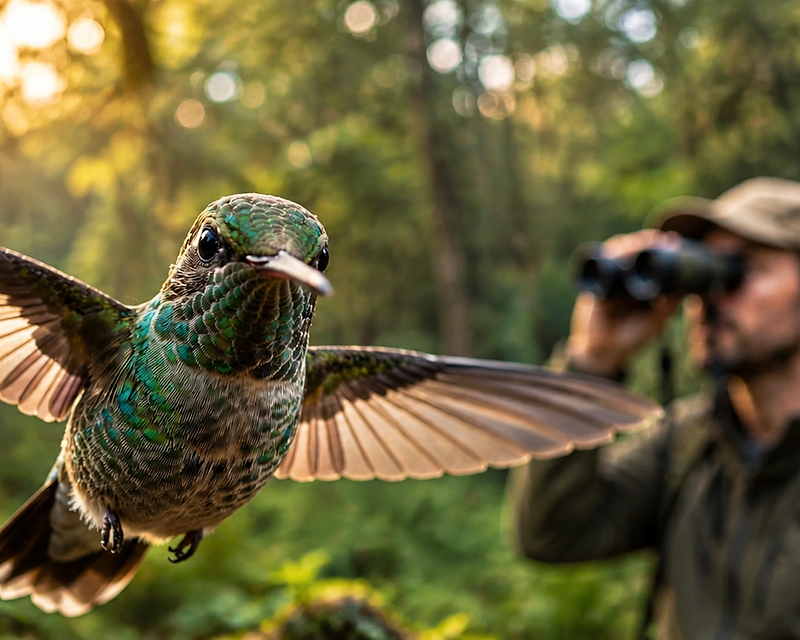 Beija-flor em voo na floresta, com observador de pássaros com binóculos ao fundo