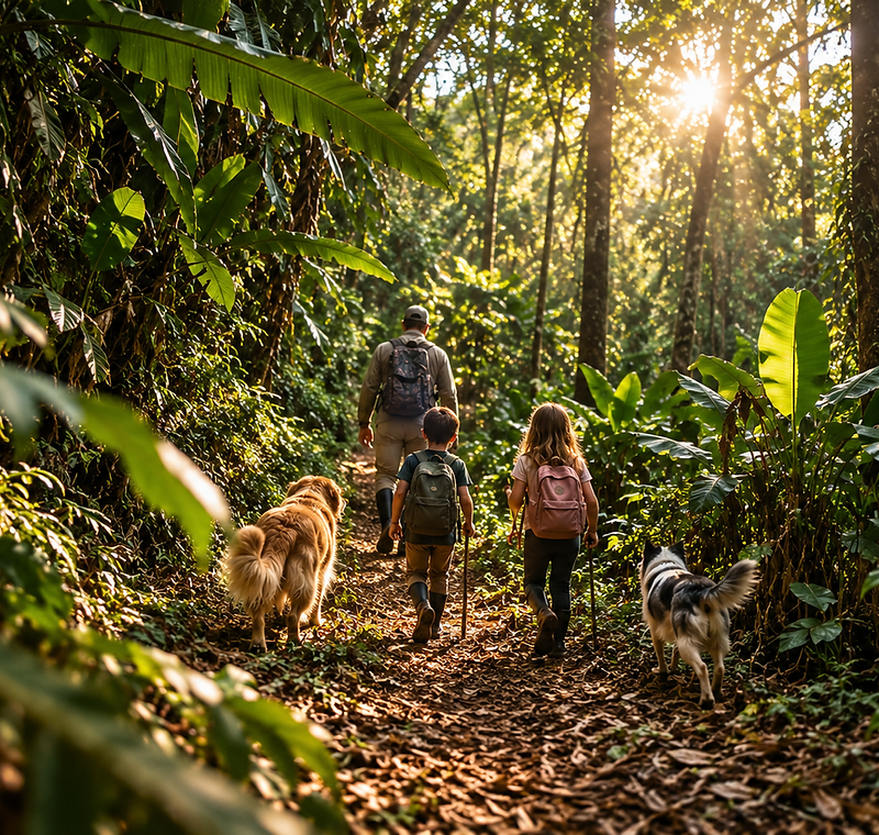 Família caminhando na trilha da Mata Atlântica