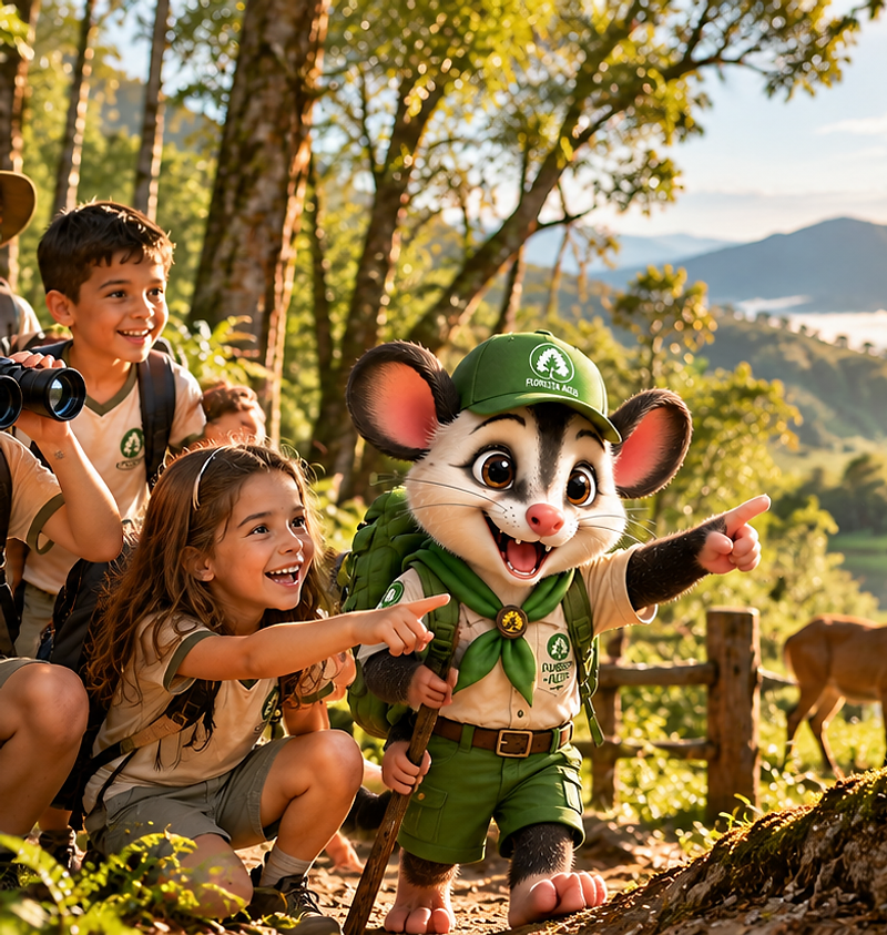 Turma escolar caminhando por trilha na Mata Atlântica do Parque Floresta Alta