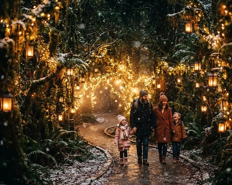 Trilha iluminada no Natal Encantado da Floresta Alta