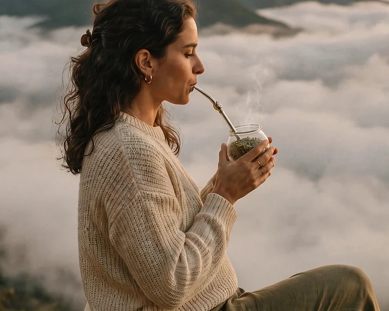 Mulher apreciando chimarrão no mirante com vista para o mar de nuvens