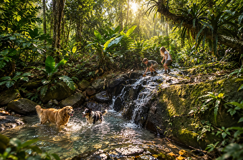 Crianças e cachorros brincando no riacho na Mata Atlântica