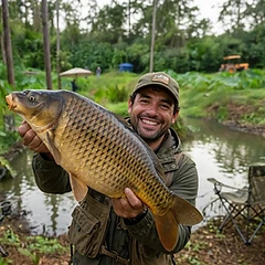 Pescador à margem do lago de pesca esportiva do parque