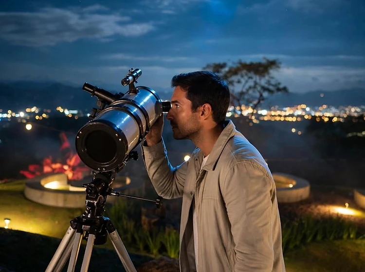 Homem observando o céu noturno pelo telescópio sob a lua cheia