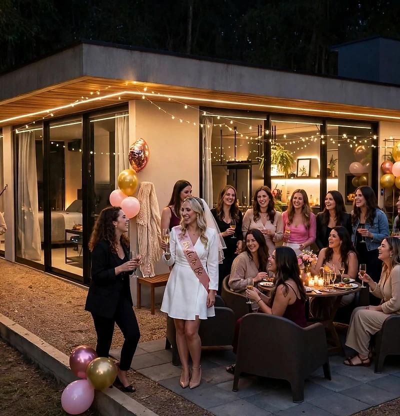 Turma reunida em uma despedida de solteira na área externa da Cabana Panorama ao entardecer