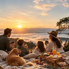 Família em piquenique ao pôr do sol acima do mar de nuvens