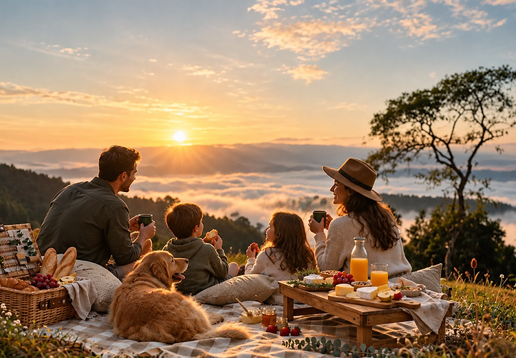 Família em piquenique ao pôr do sol acima do mar de nuvens no Parque Floresta Alta
