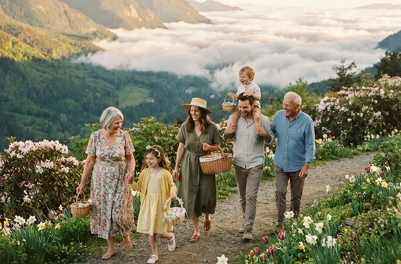 Família multigeracional passeando no Parque Floresta Alta na Páscoa