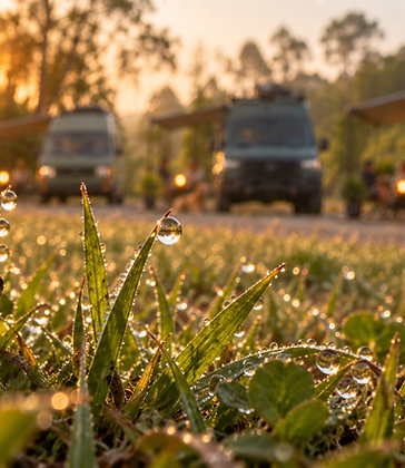 Estação Motorhome Floresta Alta ao amanhecer