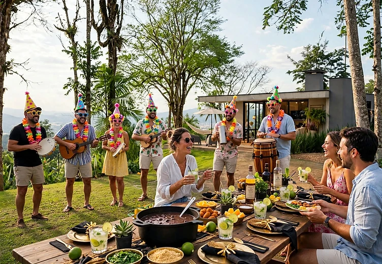 Gramado ao redor da Cabana Panorama montado com mesas e decoração para um evento