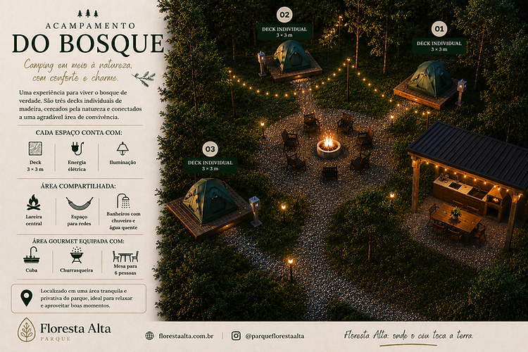 Ilustração do Acampamento do Bosque — três decks individuais, área compartilhada e área gourmet.