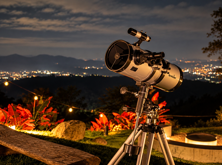 Telescópio apontado para o céu noturno entre luzes quentes