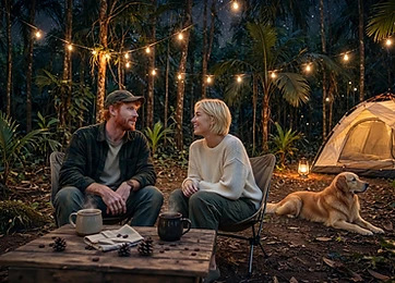 Casal acampando entre as árvores