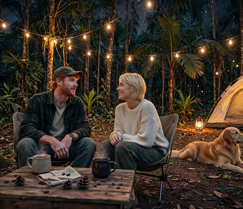 Noite de camping na floresta