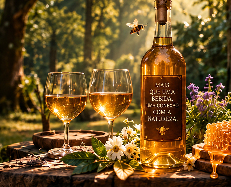 Mesa de toco com garrafa de hidromel, taças, favo de mel e placa de madeira na floresta