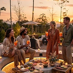 Grupo brindando com tábuas de frios ao pôr do sol no lounge