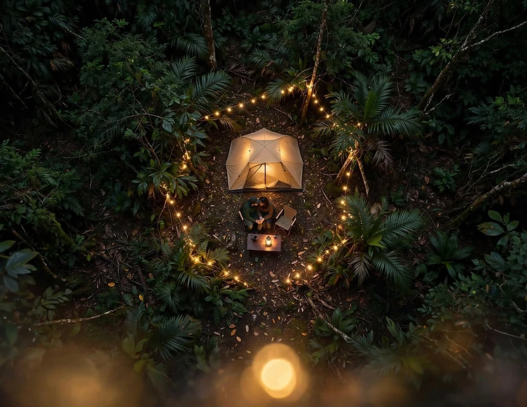 Acampamento completo com barraca, gazebo e iluminação