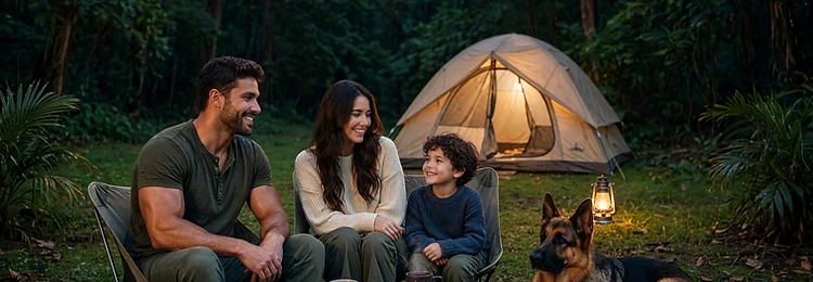 Família acampando em área gramada