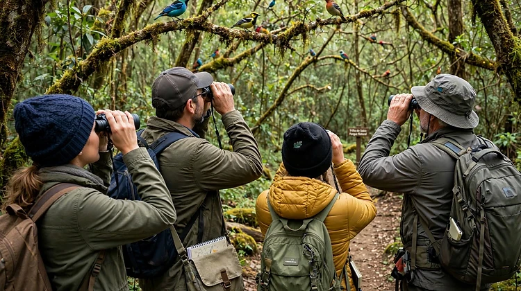 Observadores de pássaros na trilha entre as árvores