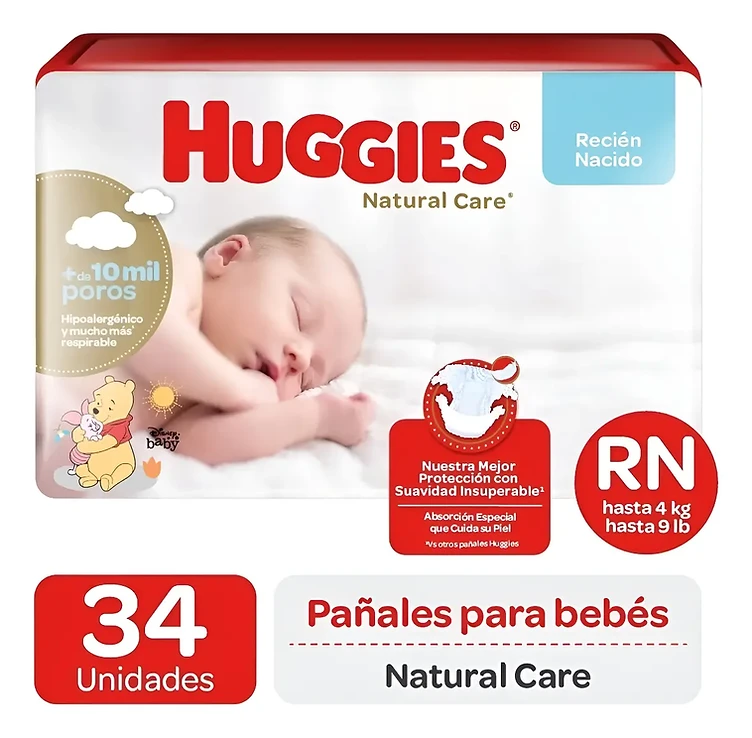 Pañales Huggies Natural Care Talla Recién Nacido 34 un