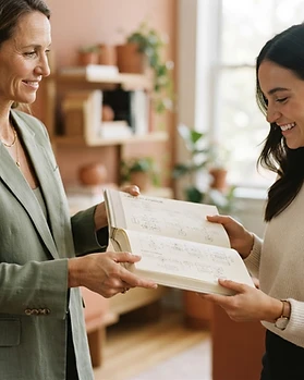 A founder handing a completed sales playbook to a new hire