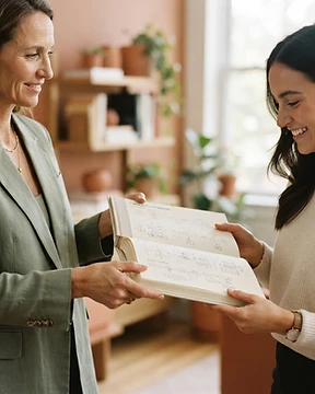 A founder handing a completed sales playbook to a new hire