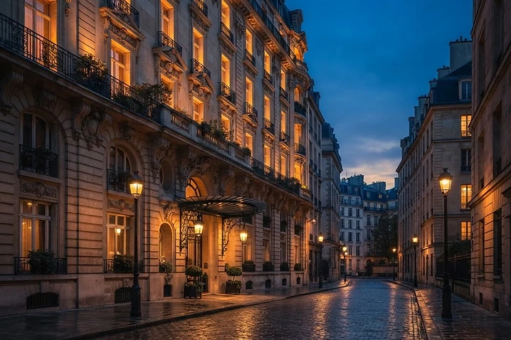 European hotel street during blue hour