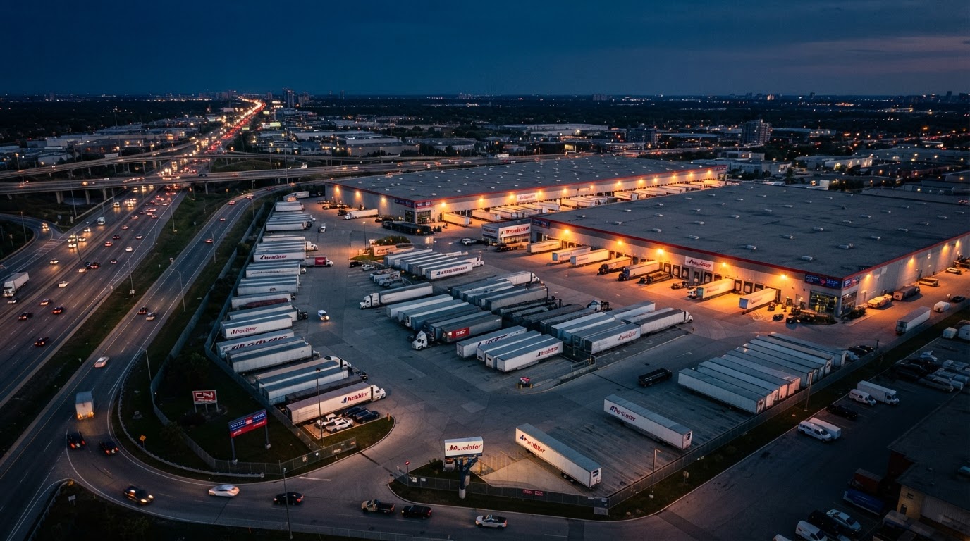 Aerial view of a Canadian logistics distribution hub at dusk
