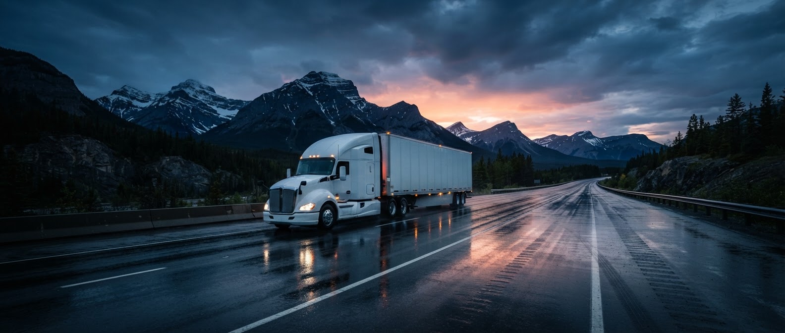 53-foot dry van truck on the Trans-Canada Highway at sunrise