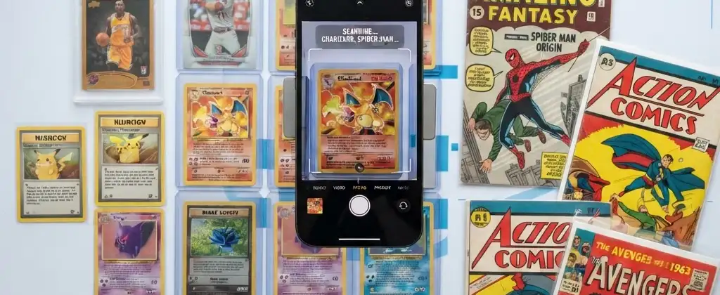 Collectible trading cards and comics being scanned by a smartphone