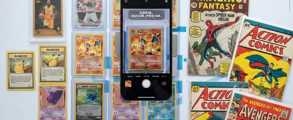 Collectible trading cards and comics being scanned by a smartphone