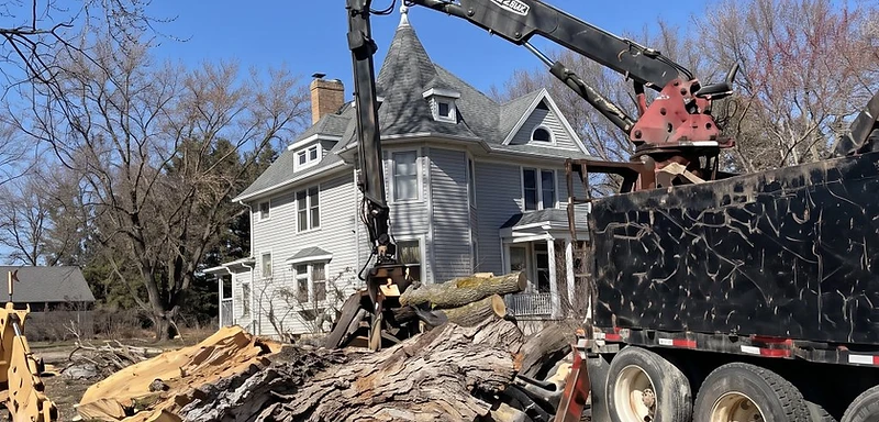 Knuckle-boom crane lifting a massive tree trunk next to a home