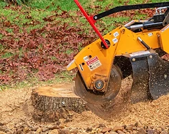 Yellow stump grinder actively grinding a tree stump with sawdust flying
