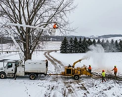 Tree crew working a bucket truck and chipper in the snow