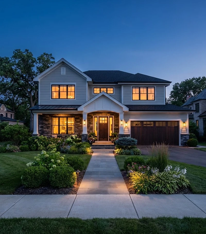 A welcoming suburban home at twilight