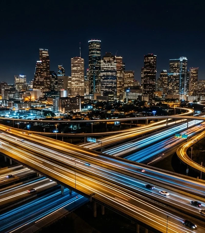 Houston highway light trails at night