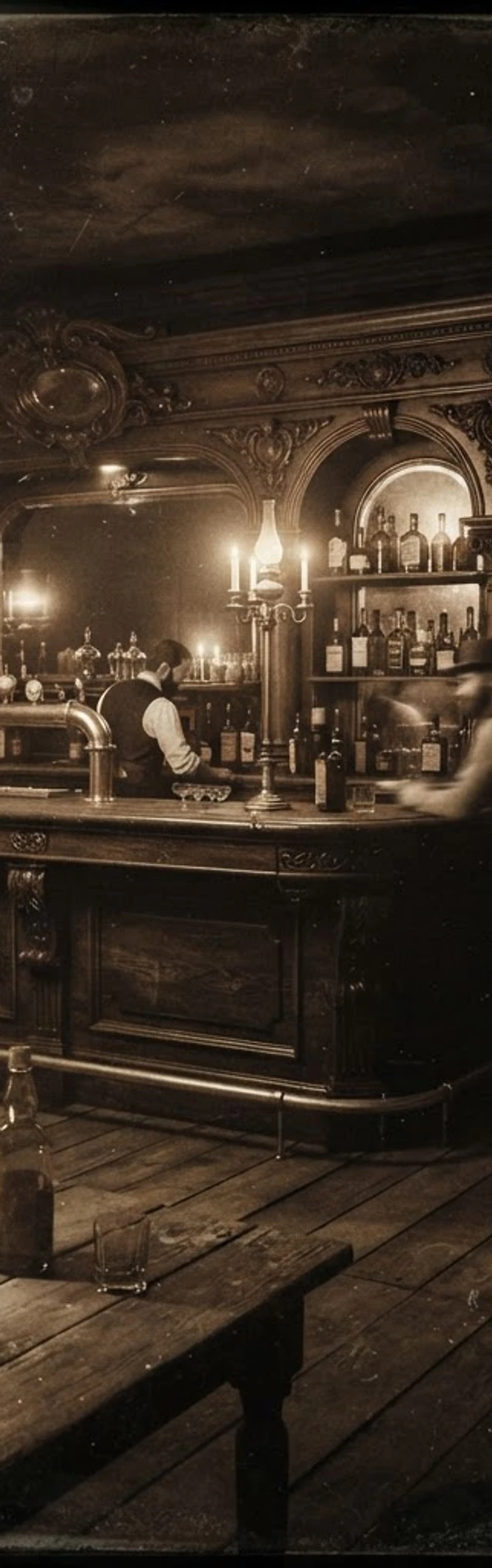Victorian-era saloon with carved mahogany bar