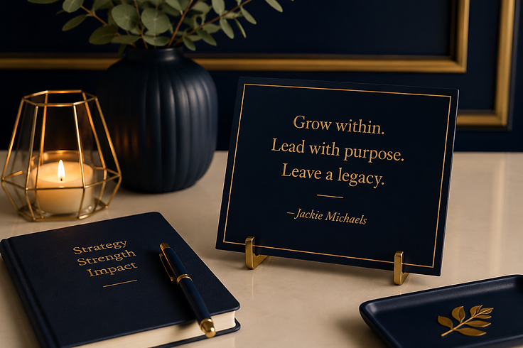 A navy desk sign reading Grow within. Lead with purpose. Leave a legacy. by Jackie Michaels, beside a navy notebook embossed with Strategy, Strength, Impact and a lit candle