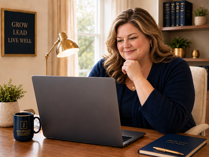 A woman seated at a wooden desk with a J Michaels Wellness mug and notebook, taking The Human Systems Assessment™