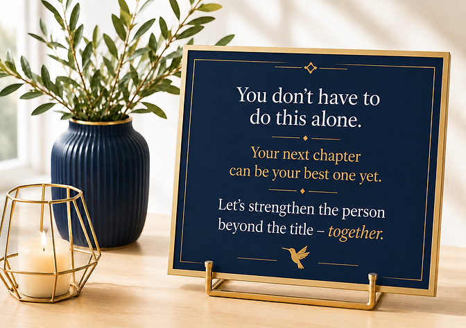 A framed navy and gold sign reading: You don't have to do this alone.