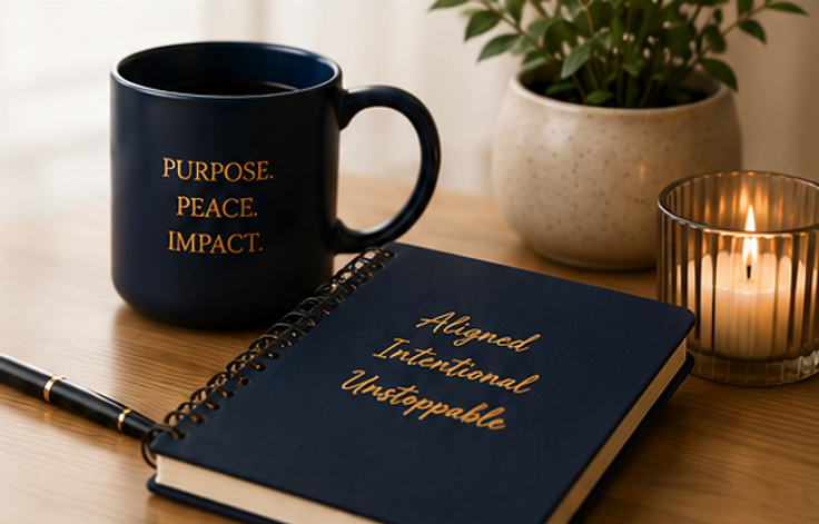 A navy mug reading Purpose. Peace. Impact. beside a navy notebook reading Aligned, Intentional, Unstoppable on a warm wooden desk