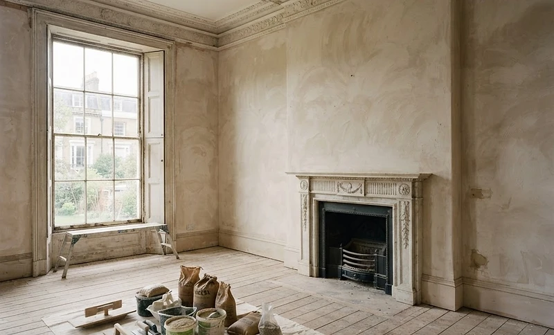 Period drawing room mid-restoration with freshly lime plastered walls