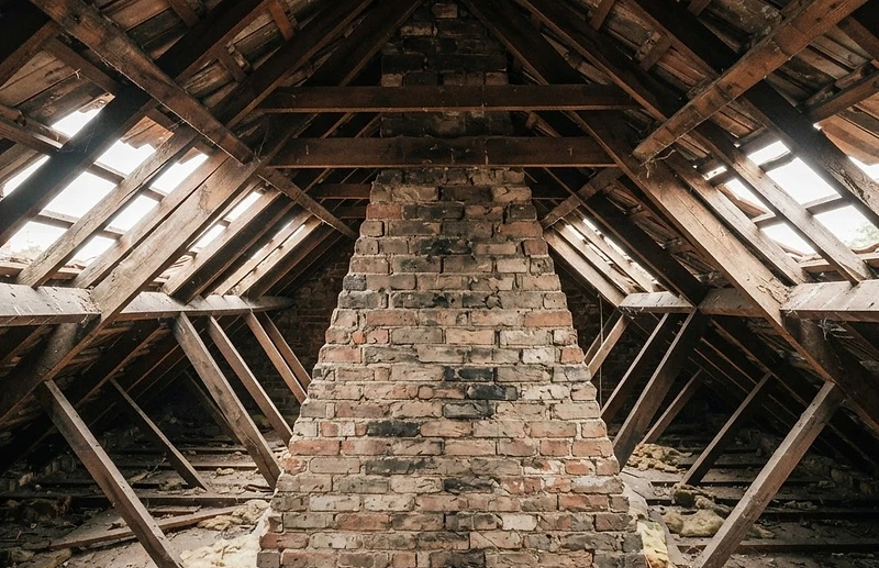 Brick loft party wall in a period roof void with rafters passing overhead