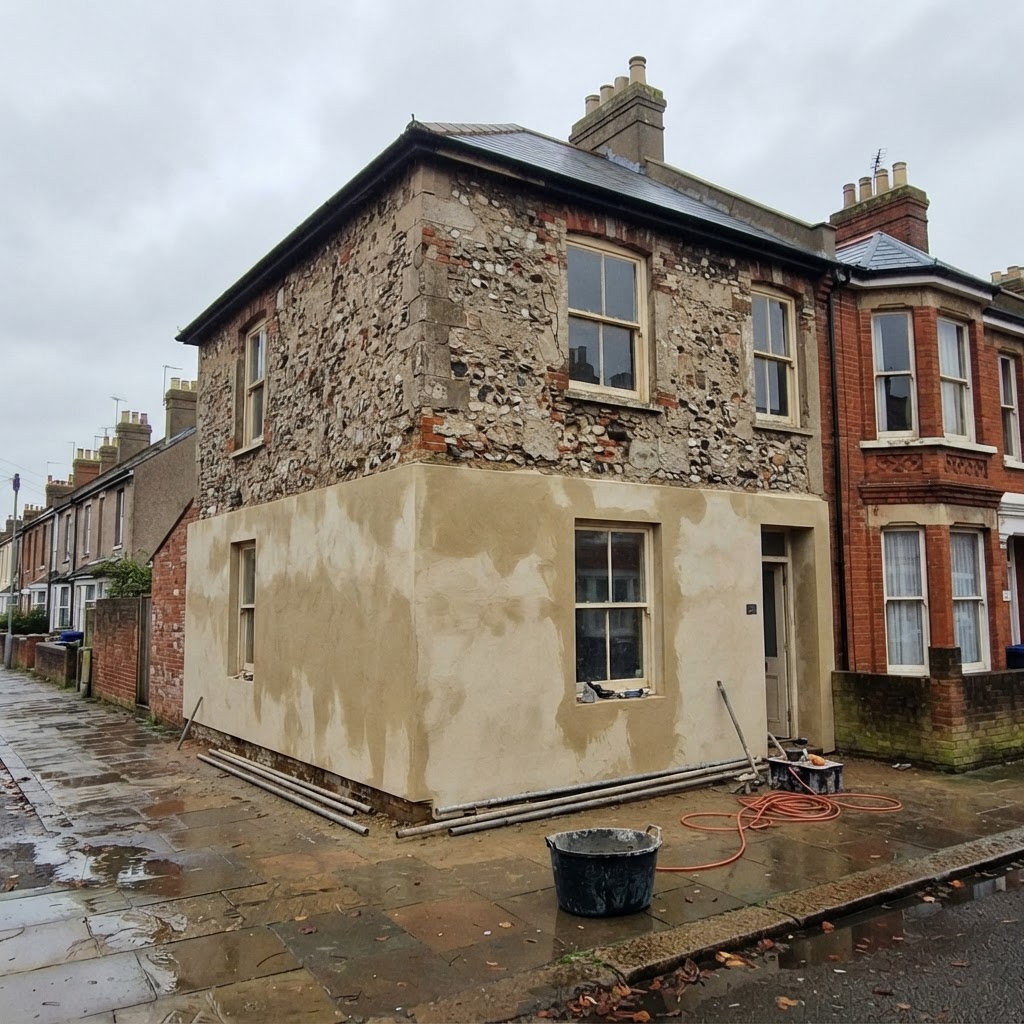 Bungaroosh house elevation midway through a lime render base coat application in Brighton and Hove