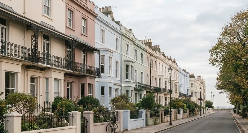 Street of pastel Regency and Victorian terraces in Brighton and Hove