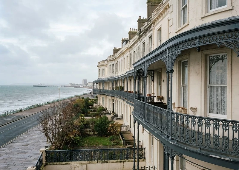 Illustration of a Regency cast iron balcony on a Brighton seafront terrace