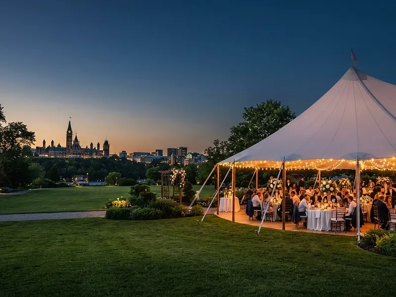 Elegant white sailcloth event tent at twilight in Ottawa, lit with warm bistro string lights for a wedding reception