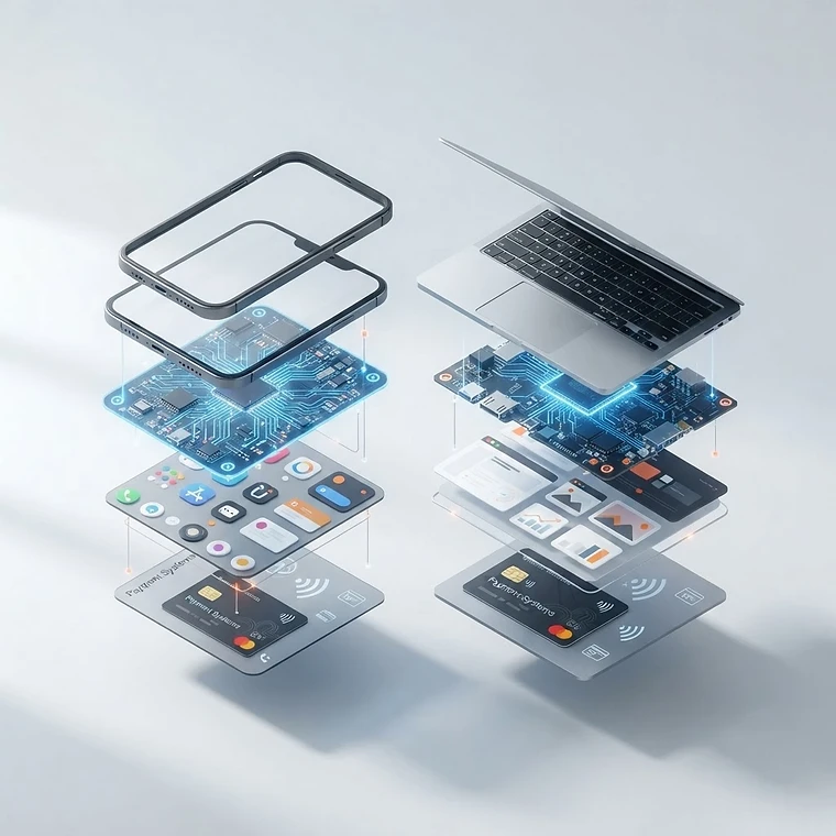 Exploded view of a phone and laptop showing layered technology: frame, glass and keyboard, glowing blue energy grid, apps, and payment systems