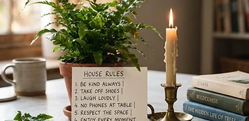 A handwritten house-rules card with a potted fern and candle