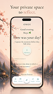 OMOI home screen with a gentle greeting, an add-entry prompt, and a moment to reflect